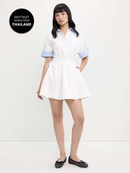 Pomelo - Short Sleeve Mini Shirt Dress with Drawstring Waist and Trim