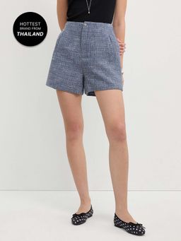 Pomelo - High Waisted Gold Button Textured Tweed Shorts - Navy Blue