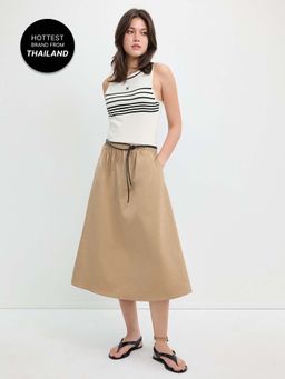 Pomelo - Sleeveless Striped Knit and Poplin Midi Dress - Beige