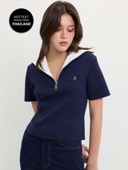 Pomelo - Cropped Ribbed Polo Top with Zip Collar and Logo Embroidery