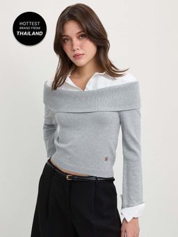 Pomelo - Off-the-Shoulder Layered Knit Sweater Top with Collared Shirt Insert