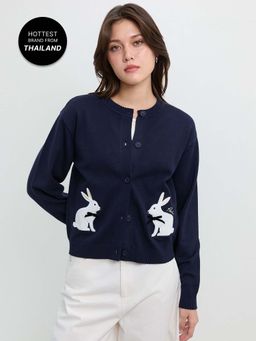 Pomelo - Signature Scalloped Trim Bunny Intarsia Knit Long Sleeve Cardigan
