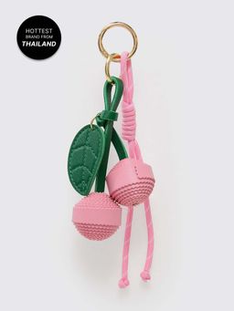 Pomelo - Woven Cord Keychain with Pink Cherry Pendants and Leather Leaf