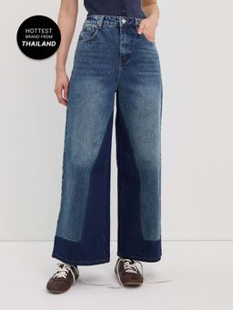 Pomelo - High Waisted Wide Leg Patchwork Jeans Raw Hem - Navy
