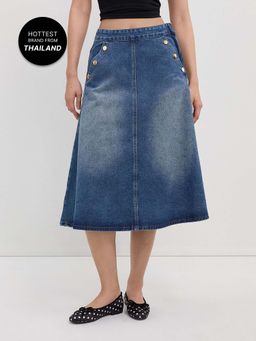 Pomelo - High Waisted A-Line Midi Skirt Gold Button Detail - Blue