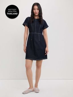 Pomelo - Short Sleeve Denim Mini Dress with Back Zipper - Dark Navy