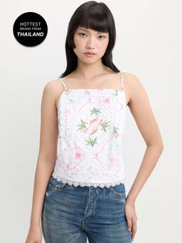 Pomelo - Square Neck Lace Trim Cami with Graphic Print - White