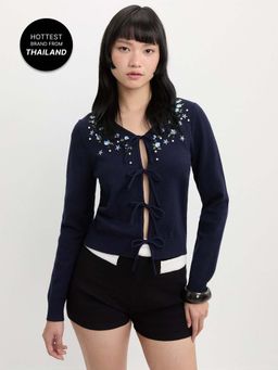 Pomelo - V Neck Long Sleeve Knit Cardigan Floral Embroidery - Navy