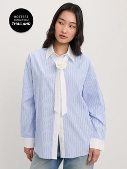 Pomelo - Oversized Pinstripe Shirt with Flower Necktie - Aqua Blue