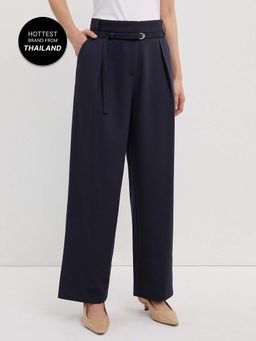 Pomelo - High Waist Wide Leg Pleated Trousers - Navy Blue