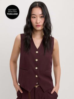 Pomelo - V-Neck Sleeveless Button Down Tailored Vest - Burgundy