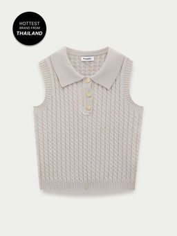Pomelo - Sleeveless Polo Collar Cable Knit Vest - Light Grey