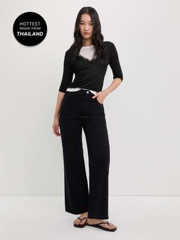 Pomelo - Side Strap Pendant Straight Leg Jeans - Black