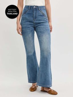 Pomelo - Mid Rise Flare Jeans with Zip Pockets - Blue