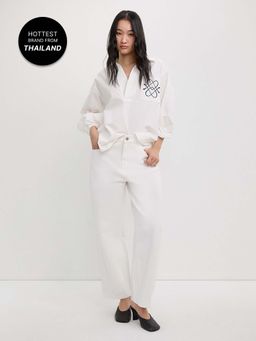 Pomelo - Wide Leg Button Hem Jeans - White