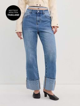 Pomelo - Cuffed Embroidered Wide Leg Jeans - Blue