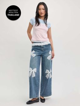 Pomelo - Lace Bow Wide Leg Jeans - Blue
