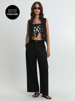 Pomelo - High Waist Tailored Wide Leg Pants - Black