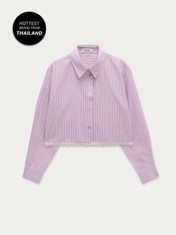 Pomelo - Lace Trim Cropped Stripe Shirt - Pink