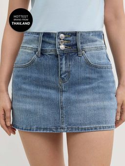 Pomelo - Button Front Denim Mini Skirt - Blue