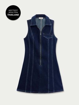 Pomelo - Zip Front Sleeveless Denim Mini Dress - Blue