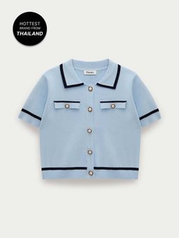 Pomelo - Button Front Knit Polo Top - Blue