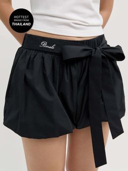 Pomelo - Striped Tie Waist Bubble Shorts - Black