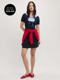 Pomelo - Peter Pan Collar Knit Mini Dress - Blue