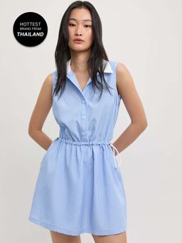 Pomelo - Striped Collared Drawstring Mini Dress - Blue