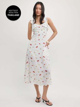Pomelo - Ruffle Trim Polka Dot Midi Dress - White