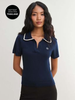 Pomelo - Contrast Trim Collared Knit Top - Navy (XL)