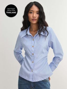 Pomelo - Striped Button Down Shirt - Blue (XS)