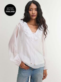 Pomelo - Ruffle Tie V-Neck Long Sleeve Blouse - White (XS)