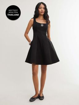 Pomelo - Square Neck Fit and Flare Mini Dress - Black (XS)