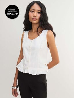 Pomelo - Ruffle Hem Button Front Vest Top - White (XL)