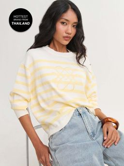 Pomelo - Striped Button Shoulder Knit Top - Yellow (XL)