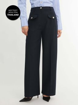 Pomelo - High Waist Wide Leg Pants with Front Flap Pockets - Navy (XS)