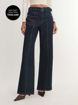 Pomelo - High Waist Belted Straight Leg Jeans - Blue (32)