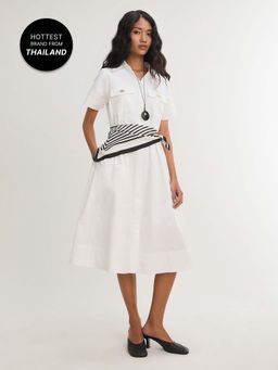 Pomelo - Scarf Detail Shirt Midi Dress - White (L)