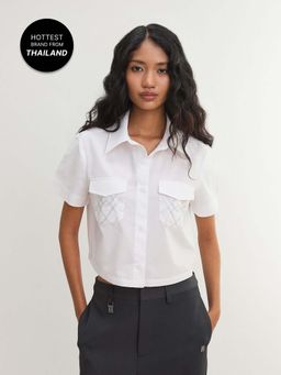 Pomelo - Embroidered Pocket Cropped Shirt - White (XS)