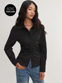 Pomelo - Ruched Waist Button Down Shirt - Black (XS)