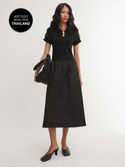 Pomelo - Collared Ruffle Sleeve Midi Dress - Black (L)