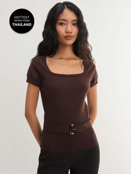 Pomelo - Belted Square Neck Knitted Cardigan Top - Brown (M)
