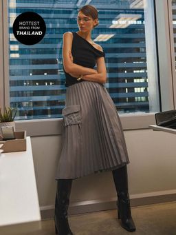 Pomelo - Pleated Cargo Midi Skirt with Studded Pockets - Grey (S)