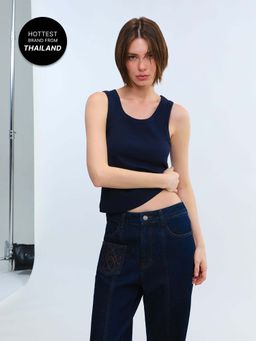 Pomelo - Ribbed Scoop Neck Tank Top - Navy Blue
