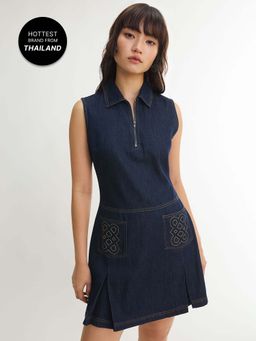Pomelo - Collared Zip Front Denim Mini Dress with Embroidered Pockets