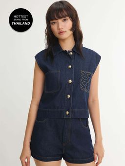 Pomelo - Sleeveless Denim Button-Up Blouse Top with Contrast Stitch Pockets