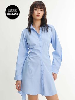 Pomelo - Ruched Shirt Mini Dress - Aqua Blue