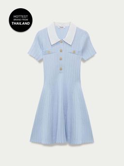 Pomelo - Collared Button Front Ribbed Mini Dress - Baby Blue