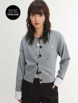 Pomelo - Button Front Knit Cardigan with Contrast Cuff - Light Grey